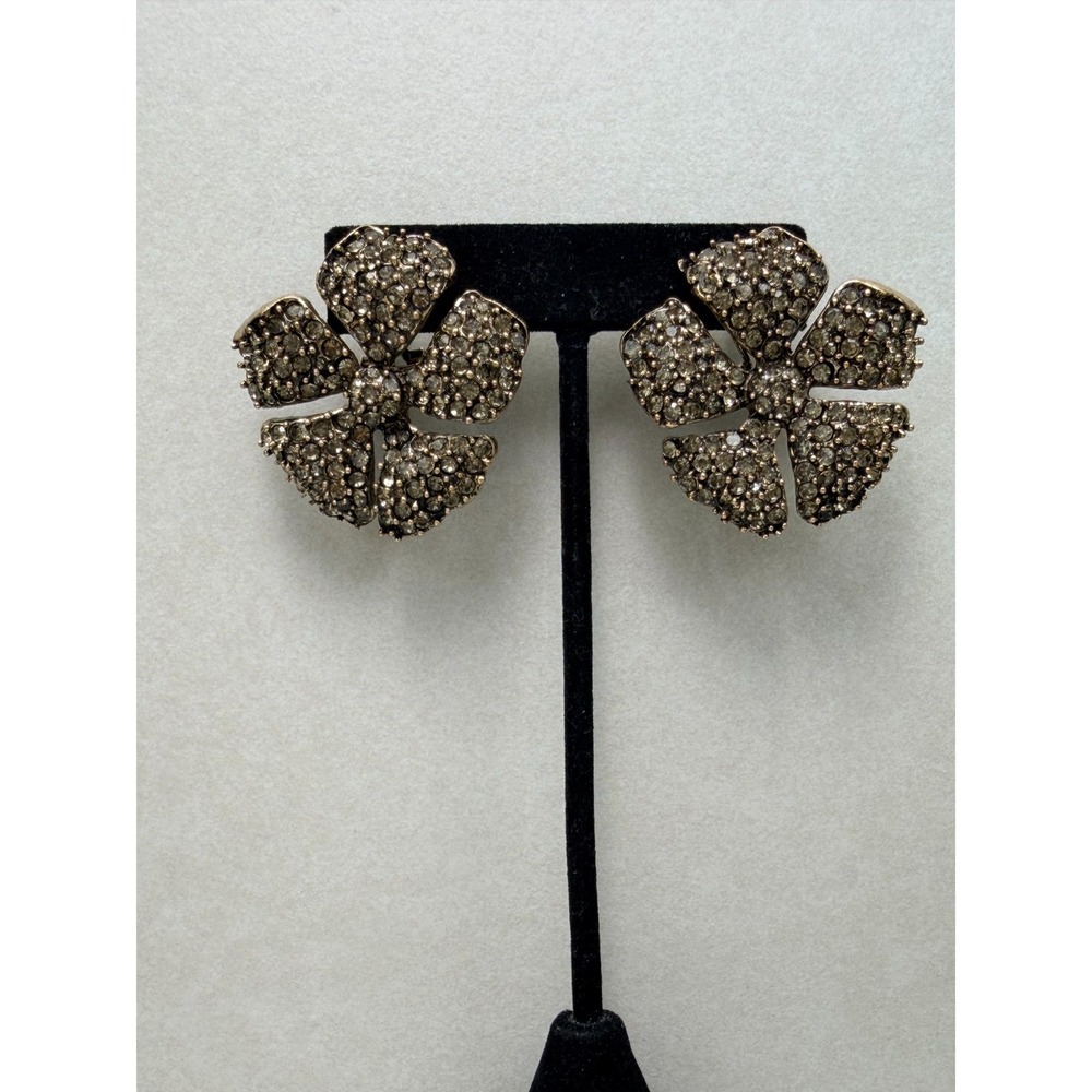 ZARA Crystal Flower Statement Earrings Smoke Grey Rhinestone Floral NWOT